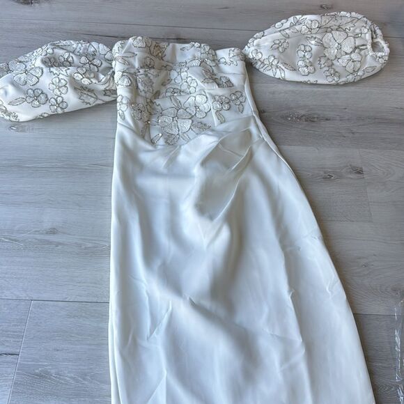 ASOS design Tall Bardot Puff Sleeves White Off-Shoulder Dress w/ Sequins 4 NWT - Picture 7 of 8